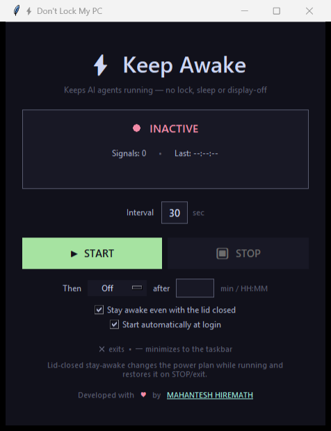 Don't Lock My PC — app window